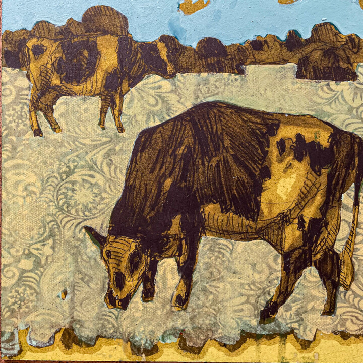 "Vaches de saison" no 8, Pascale Simon 绘画, 11.8x11.8 in