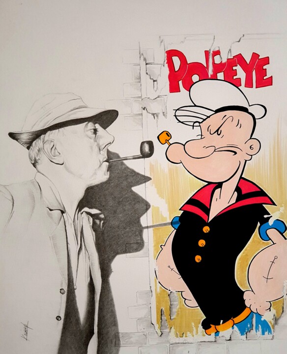Jacques Tati et Popeye 绘画, 25.6x19.7 in