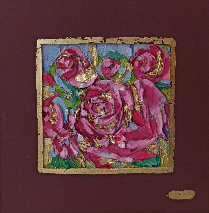 Roses Flowers Oil Painting Floral Impasto Pink Roses Art 绘画, 5.9x5.9 in