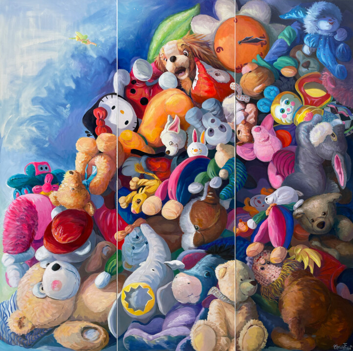 Schilderij getiteld "Les jouets du placa…" door Christel Fréon, Origineel Kunstwerk, Acryl