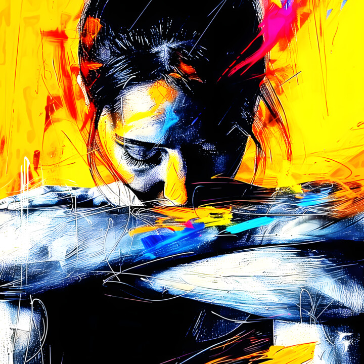 Digital Arts titled "Solitude en Jaune V…" by Frédéric Font (Chroma), Original Artwork, Digital Painting Mounted on Wood Str…