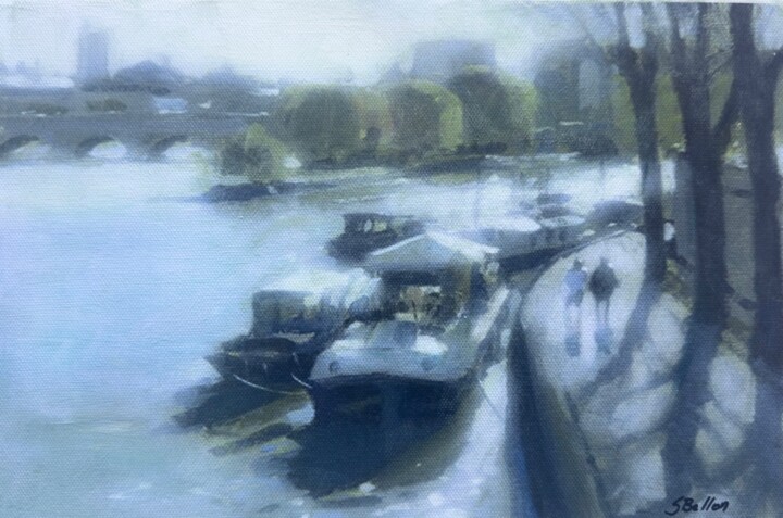 Romantic Parisian river walk Painting, 7.9x11.8 in