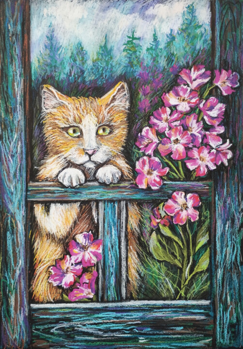 Portrait of a red cat art painting oil pastel animal drawing 图画, 16.5x11.7 in