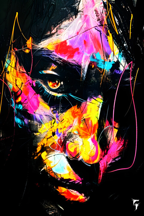 Digital Arts titled "Énigme Violet-Jaune" by Frédéric Font (Chroma), Original Artwork, Digital Painting Mounted on Wood Stre…