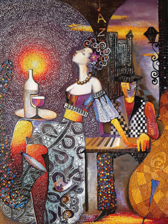 제목이 "Evening Serenade at…"인 미술작품 Ruzanna Melqumyan로, 원작, 기름 나무 들것 프레임에 장착됨