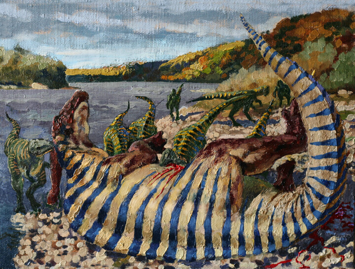 Unhappy Parasaurolophus and Coelura 绘画, 6.7x8.3 in