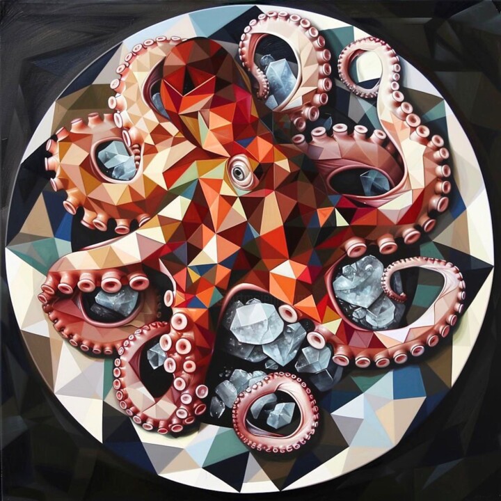 STILL LIFE WITH OCTOPUS ON A WHITE PLATE 数字艺术, 31.5x31.5 in