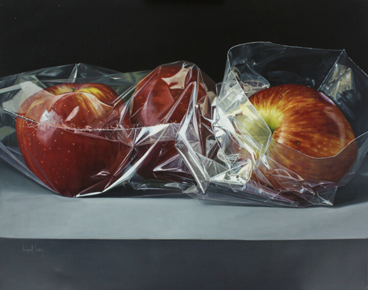 Painting titled ""Bolsa con tres man…" by Miguel Nuñez, Original Artwork, Oil