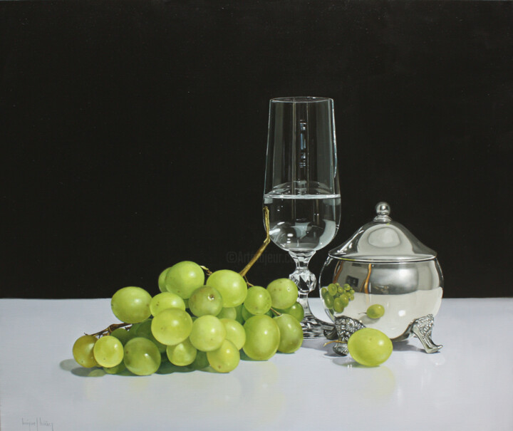 Painting titled ""Bodegón con uvas,…" by Miguel Nuñez, Original Artwork, Oil