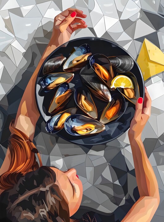 STILL LIFE WITH MUSSELS AND YELLOW NAPKIN 数字艺术, 31.5x23.6 in