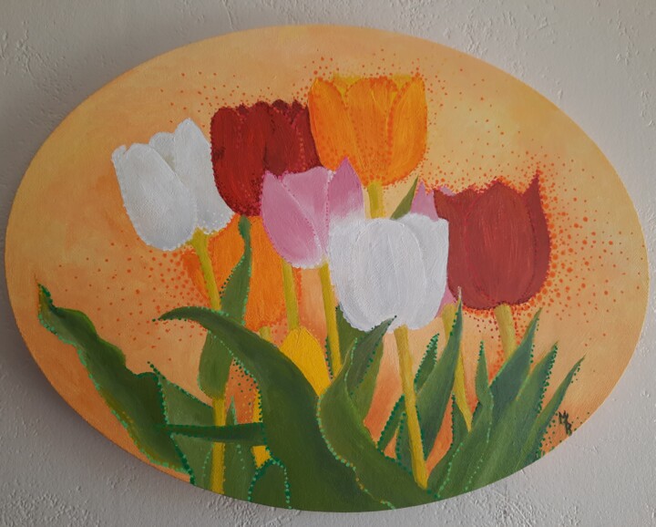 Peinture intitulée "Tulipes colorées" par Maryse Curinier-Rochette, Œuvre d'art originale, Huile Monté sur Châssis en bois