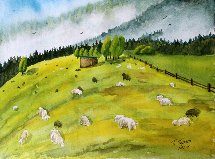 Malerei mit dem Titel ""Pasture"" von Tetiana Teresh, Original-Kunstwerk, Aquarell