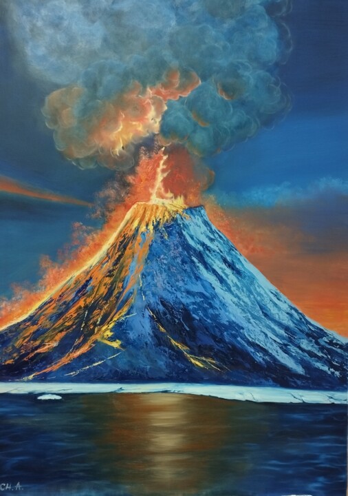 Peinture intitulée "VOLCÁN EN ERUPCIÓN" par María Rosario Aladro Loza, Œuvre d'art originale, Huile
