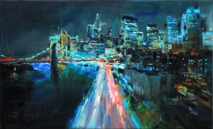 Malerei mit dem Titel "Night in New York" von Serhii Cherniakovskyi, Original-Kunstwerk, Öl Auf Keilrahmen aus Holz montiert