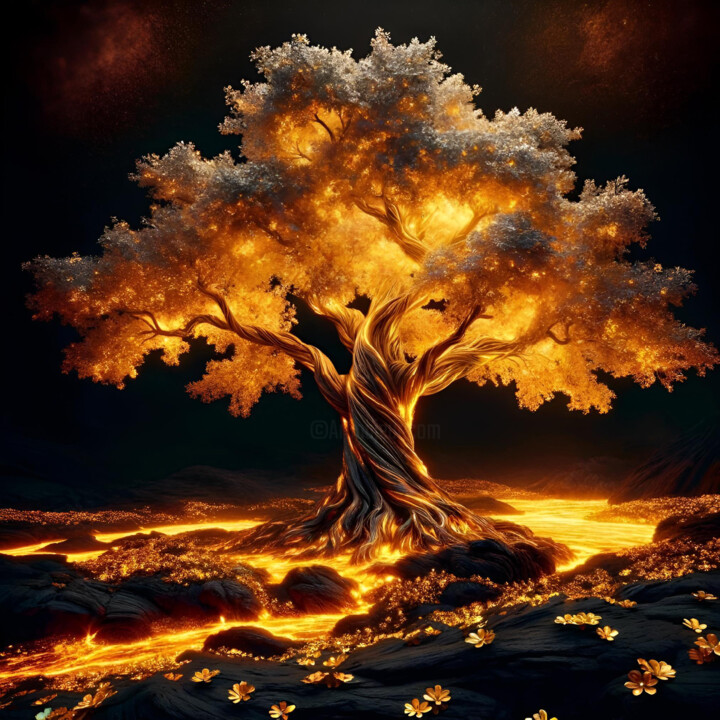Celestial Blaze - A Tree Illuminating the Darkness Digital Arts
