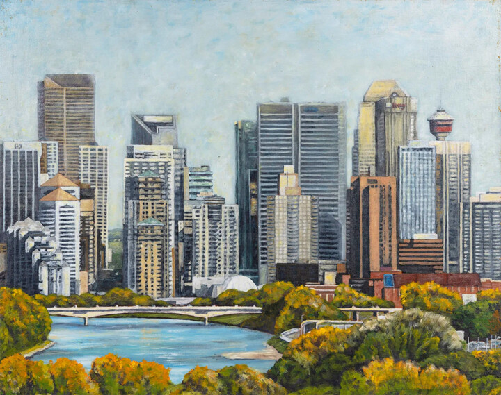 Painting titled "Cowtown" by Clayt Lennox, Original Artwork, Acrylic Mounted on Wood Panel