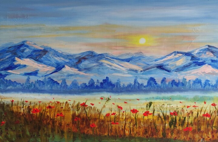 The Sunny Poppy Field among Blue Mountains 绘画, 25.6x39.4 in