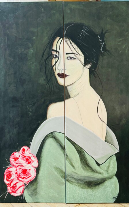 Painting titled "MY GEISHA" by Nathalie Blu, Original Artwork, Acrylic Mounted on Wood Stretcher frame
