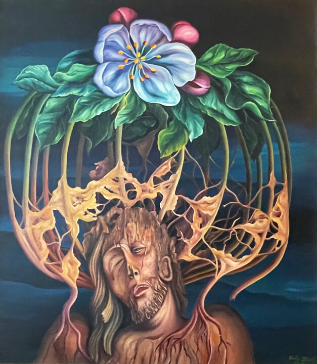 Christ with poppy head and flower, new hope 绘画, 40.6x39 in