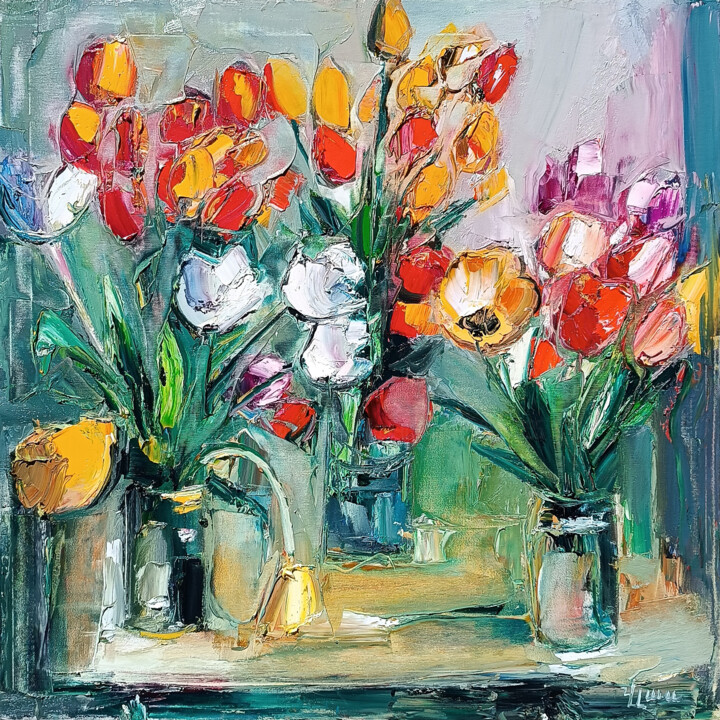 Malerei mit dem Titel "Vibrant Tulip Medley" von Vlas Ayvazyan, Original-Kunstwerk, Öl Auf Keilrahmen aus Holz montiert