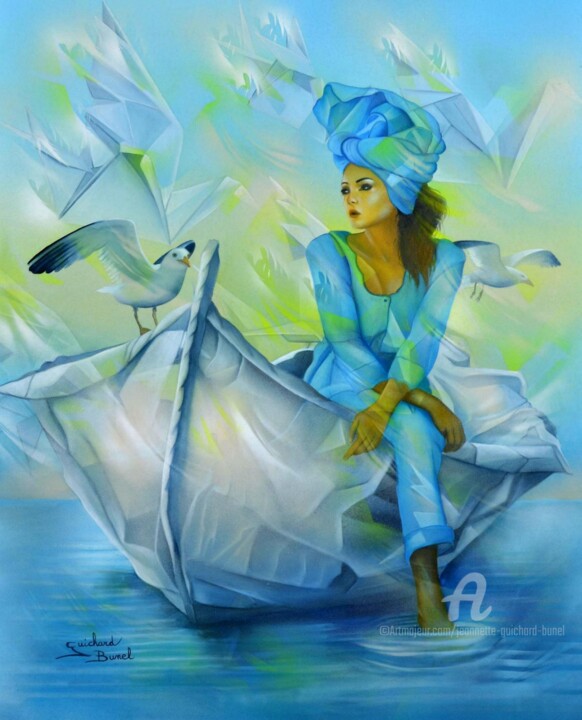 Peinture intitulée "Fragile esquif..." par Jeannette Guichard-Bunel, Œuvre d'art originale, Huile Monté sur Châssis en bois
