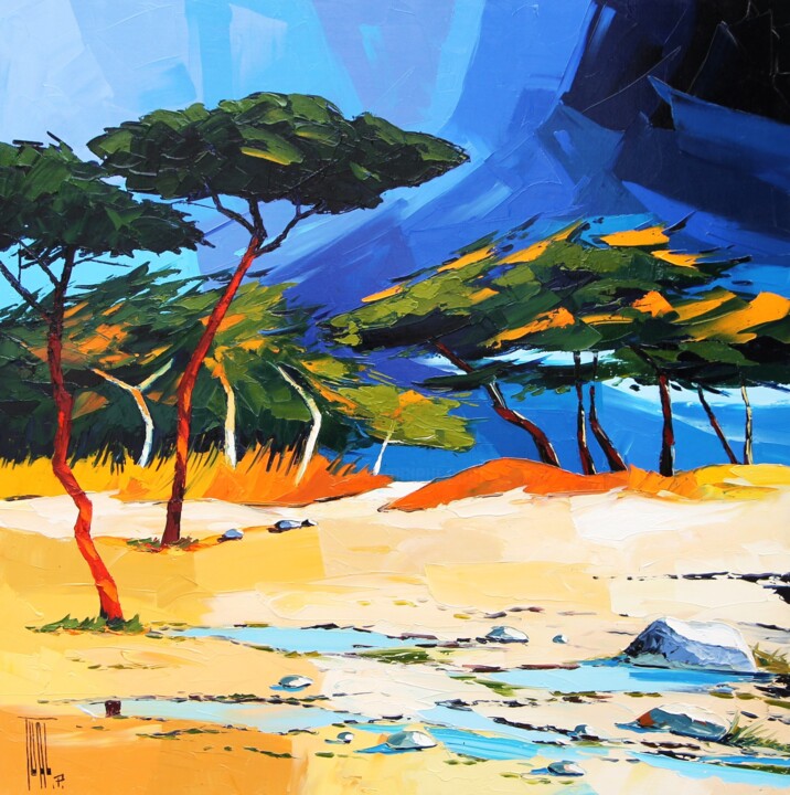 Peinture intitulée "Grève aux pins" par Pierrick Tual, Œuvre d'art originale, Huile