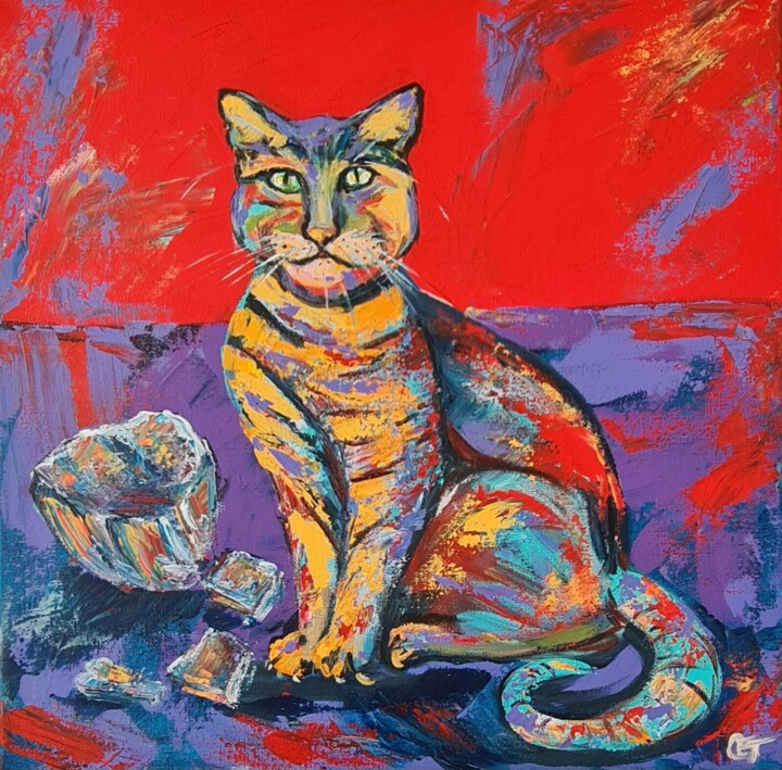 Naughty Cat and broken glass 绘画, 15.8x15.8 in