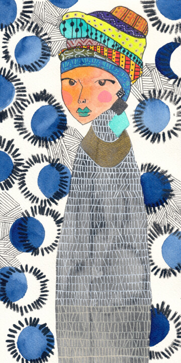 Femme d'Afrique 绘画, 11.8x5.9 in