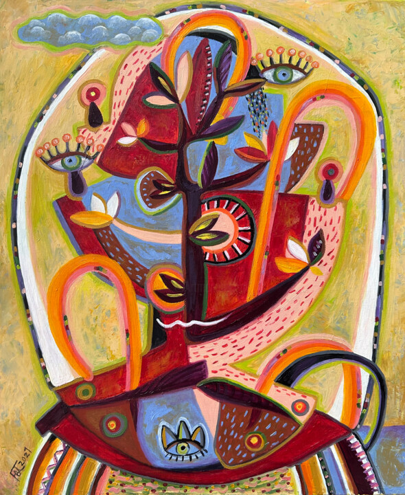 Peinture intitulée "Smiling Tree." par Yuliya Pochynok (JJ Julia), Œuvre d'art originale, Huile Monté sur Châssis en bois
