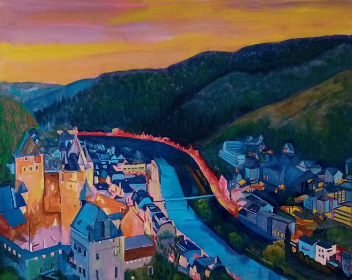 Peinture intitulée "Burg Altena - Abend" par Alexander Wotschel, Œuvre d'art originale, Huile