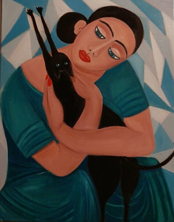 Mulher de vestido verde e gato preto 绘画, 19.7x15.8 in