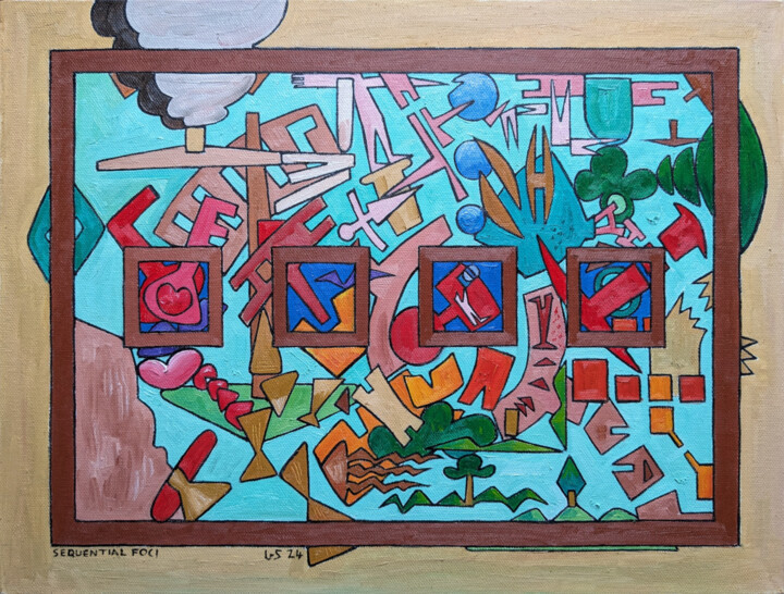 Painting titled "Sequential Foci" by Gerald Shepherd F.F.P.S., Original Artwork, Oil Mounted on Wood Panel