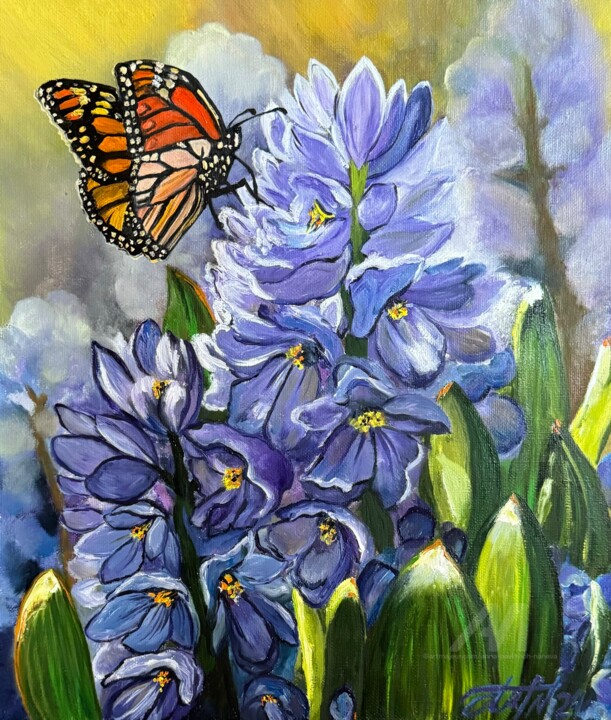 Butterfly and hyacinths flowers 绘画, 13.8x11.8 in