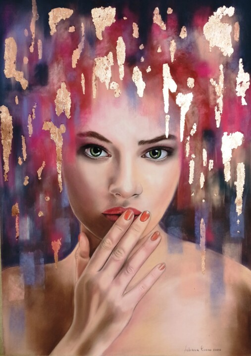 Drawing titled "Donna con foglia oro" by Fabiana Crecco, Original Artwork, Pastel