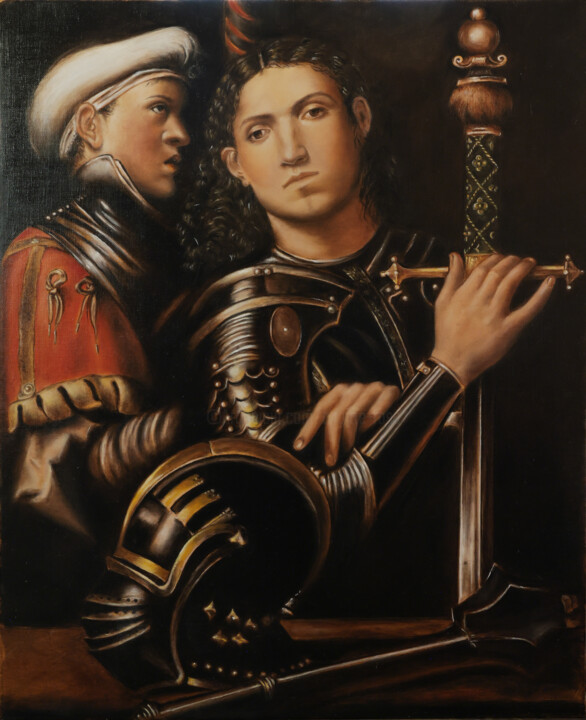 Portrait de guerrier avec son écuyer - Giorgione Schilderij, 24x19,7 in