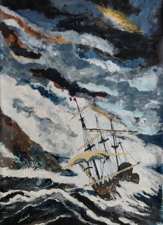 Old Sailship in Storm 绘画, 27.6x19.7 in