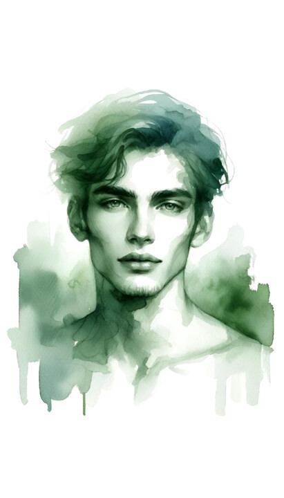 Tranquil Reverie: A Green Watercolor Portrait 数字艺术