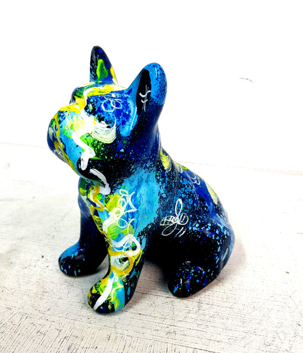 Bouledogue Mini Pop Art Sculpture Noir Bleu Jaune PVettese Sculpture, 3.9x3.2 in