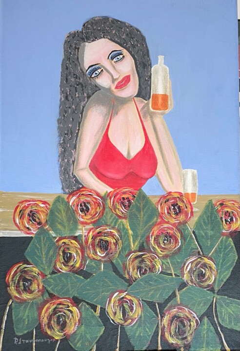 Painting titled "Σερβιτορα" by Demetres Stauropoulos, Original Artwork, Acrylic Mounted on artwork_cat.