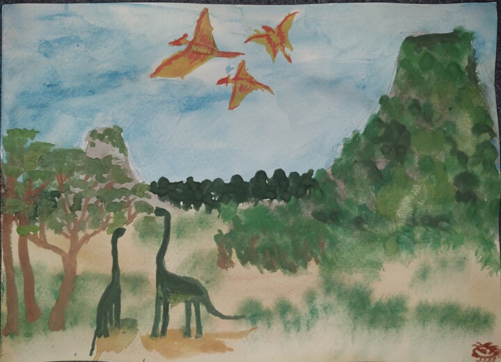 Peinture intitulée "Prehistoric landsca…" par Alisa Vorobyeva, Œuvre d'art originale, Aquarelle