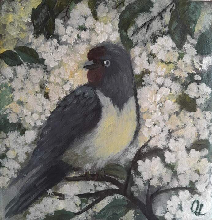 Птичка весеннем саду. 绘画, 7.1x6.7 in