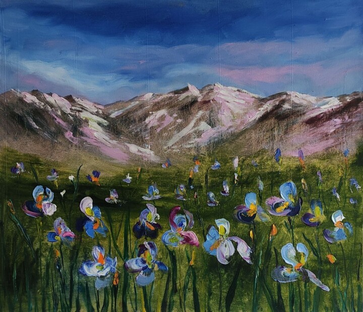 ORIGINAL Blue Iris at Holy Pink Mountains Painting, 23.6x27.6 in