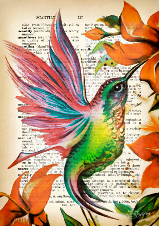 Hummingbird art print Floral prints bird artwork Vintage 绘画, 16x12 in
