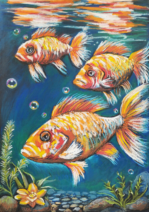 Fish carp are fabulous fish painting oil pastel drawing 图画, 16.5x11.7 in