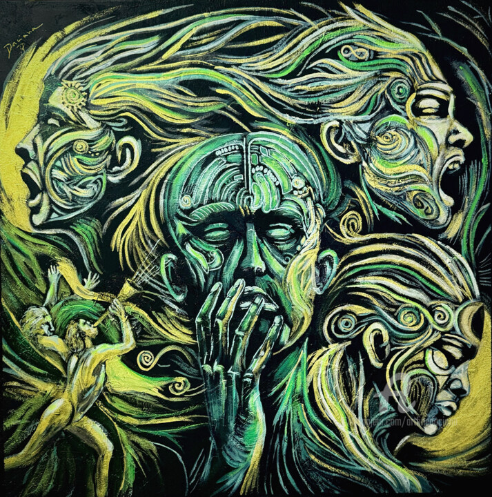 Painting titled "Listen to her" by Daciana, Original Artwork, Acrylic Mounted on Wood Stretcher frame