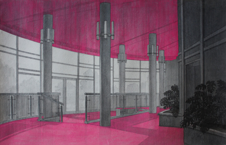 Neon soviet interior 绘画, 17.1x26.8 in