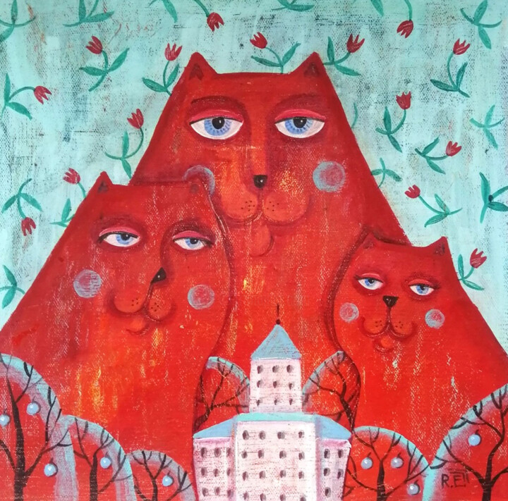 Cat family 绘画, 15.8x15.8 in