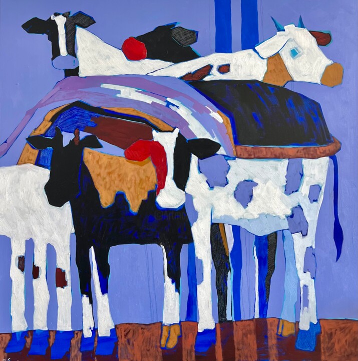 Square oil painting with cows “The mess” 绘画, 39.4x39.4 in