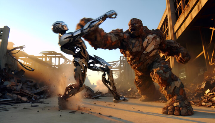 Stone Giant vs. Futuristic Robot: Battle in the Ruins 数字艺术