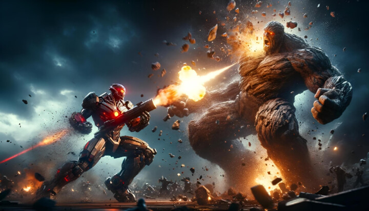 Explosive Showdown: Armed Robot vs. Stone Giant 数字艺术